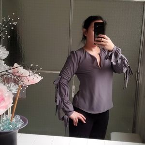 Dark Grey with purple hint peasant blouse 3 bows